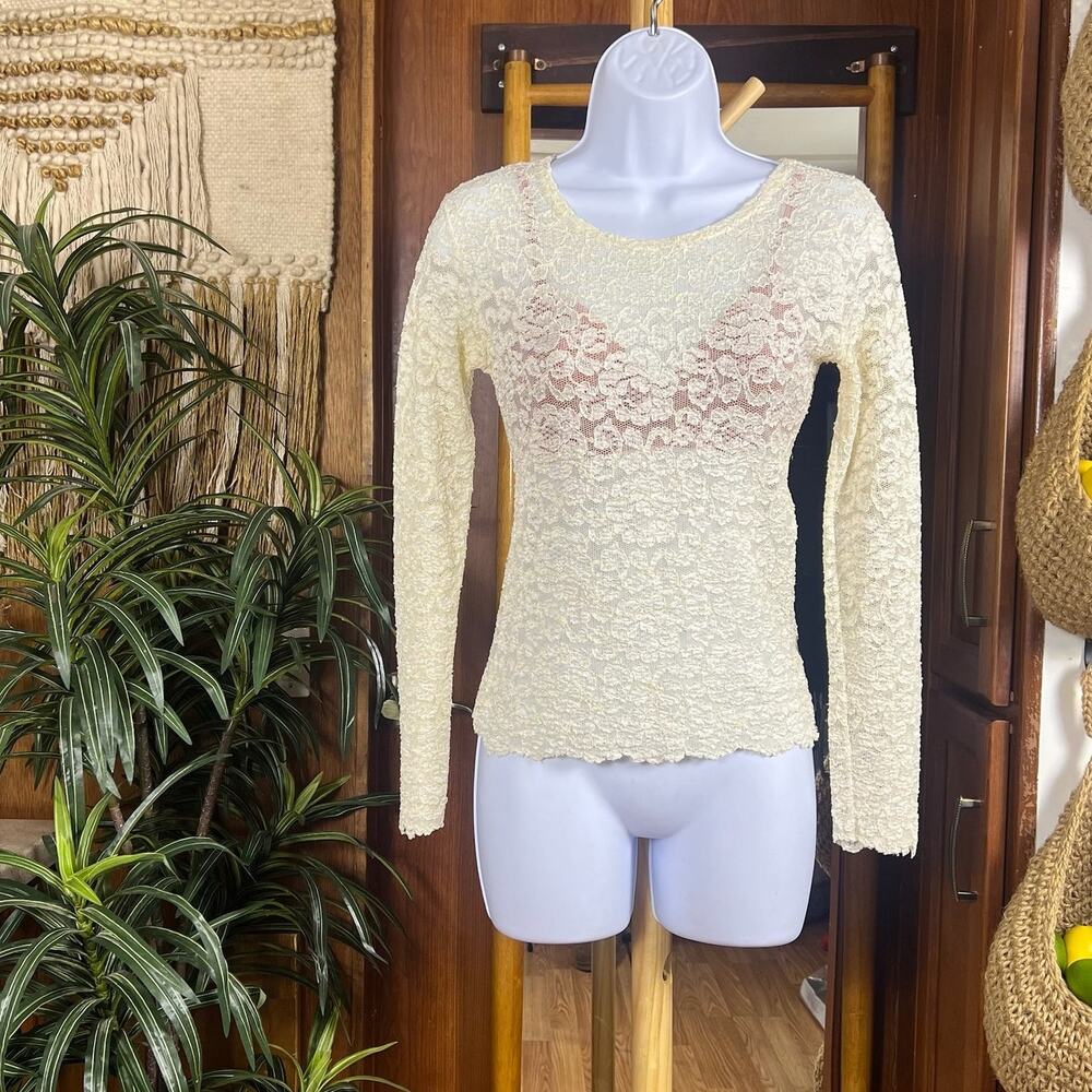 Y2K Sheer Lace Long Sleeve Top Womens XS Cream Floral Coquette Fairycore Shirt